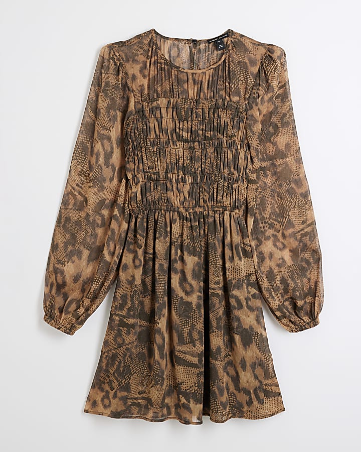 Brown Leopard print Shirred mini dress