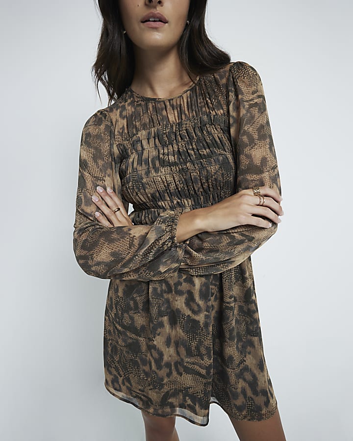 Brown Leopard print Shirred mini dress