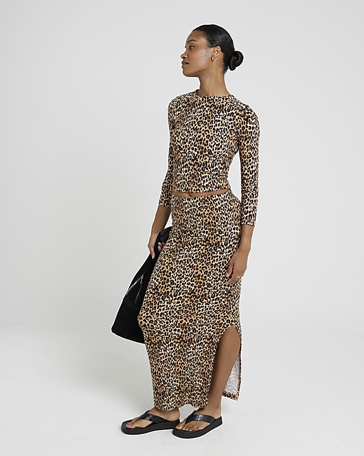 Brown Leopard Pencil Ribbed Maxi Skirt