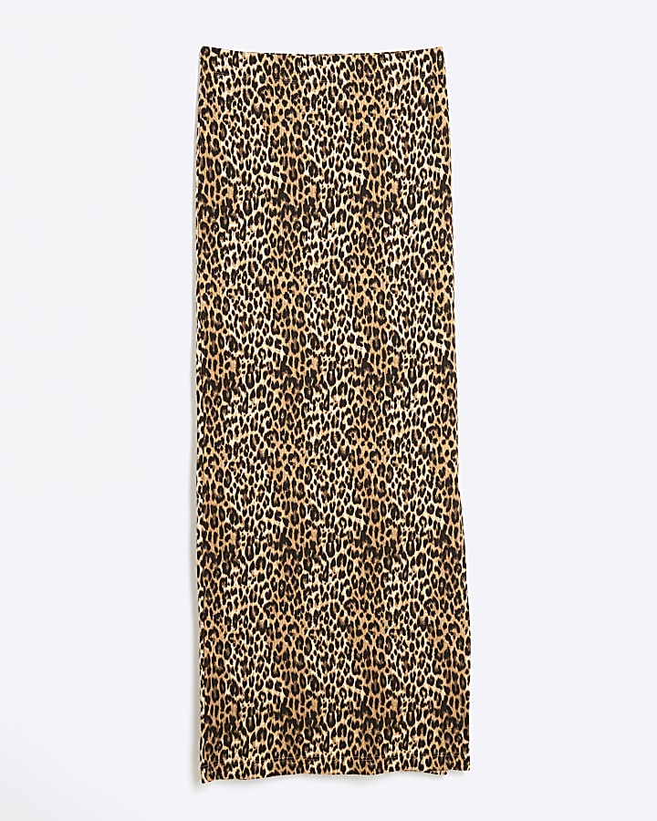 Brown Leopard Pencil Ribbed Maxi Skirt