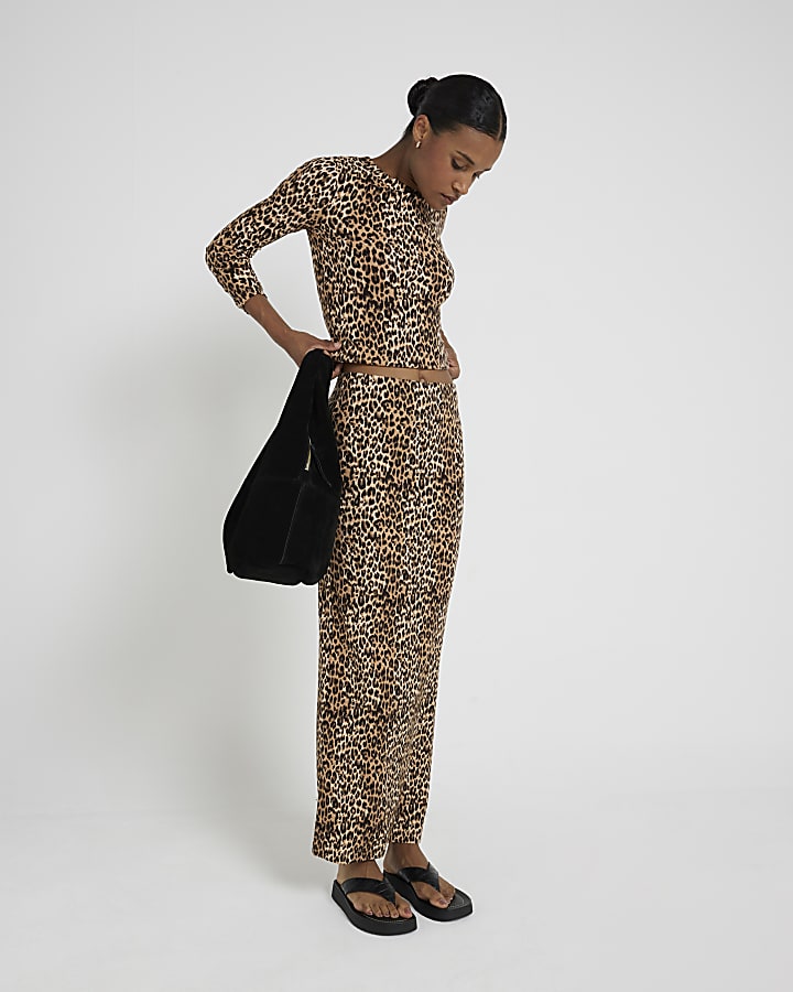 Brown Leopard Pencil Ribbed Maxi Skirt