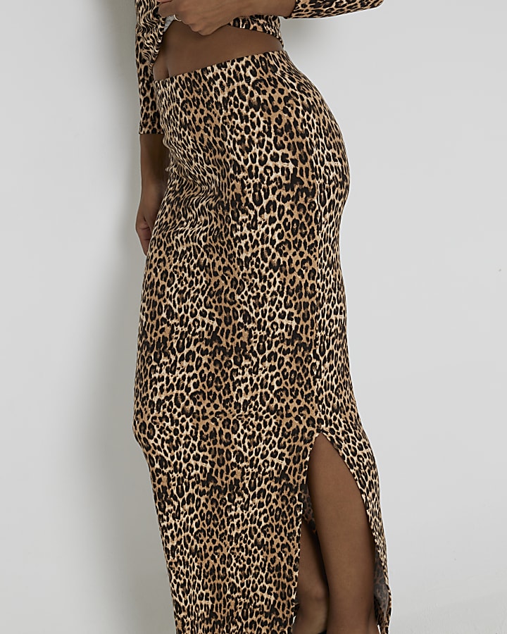 Brown Leopard Pencil Ribbed Maxi Skirt