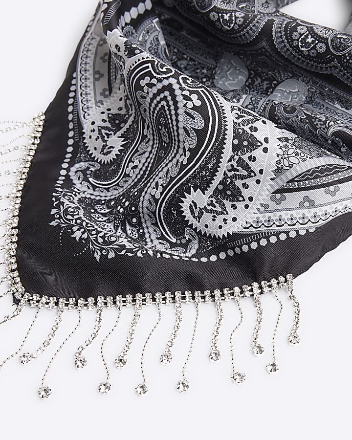 Black Satin Diamante Bandana Scarf