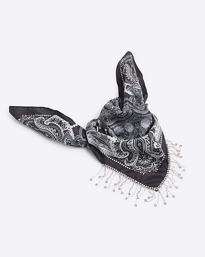 Black Satin Diamante Bandana Scarf