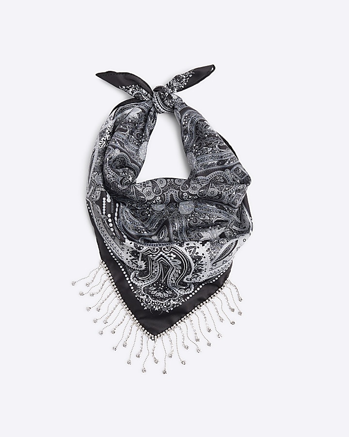 Black Satin Diamante Bandana Scarf