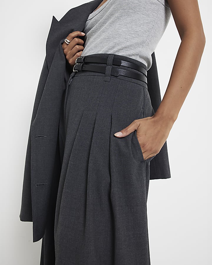 Petite Grey Double Belted Wide Leg Trousers