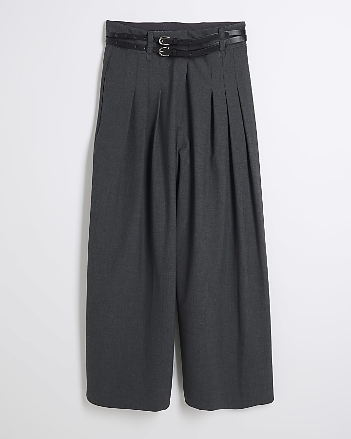 Petite Grey Double Belted Wide Leg Trousers