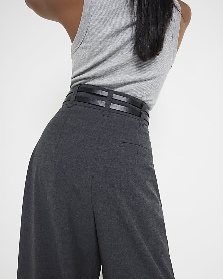 Petite Grey Double Belted Wide Leg Trousers