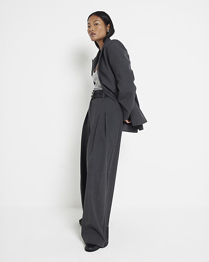 Petite Grey Double Belted Wide Leg Trousers