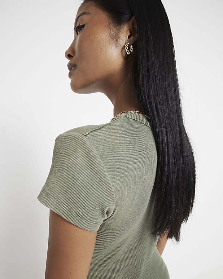 Petite Khaki ribbed bodycon midi dress
