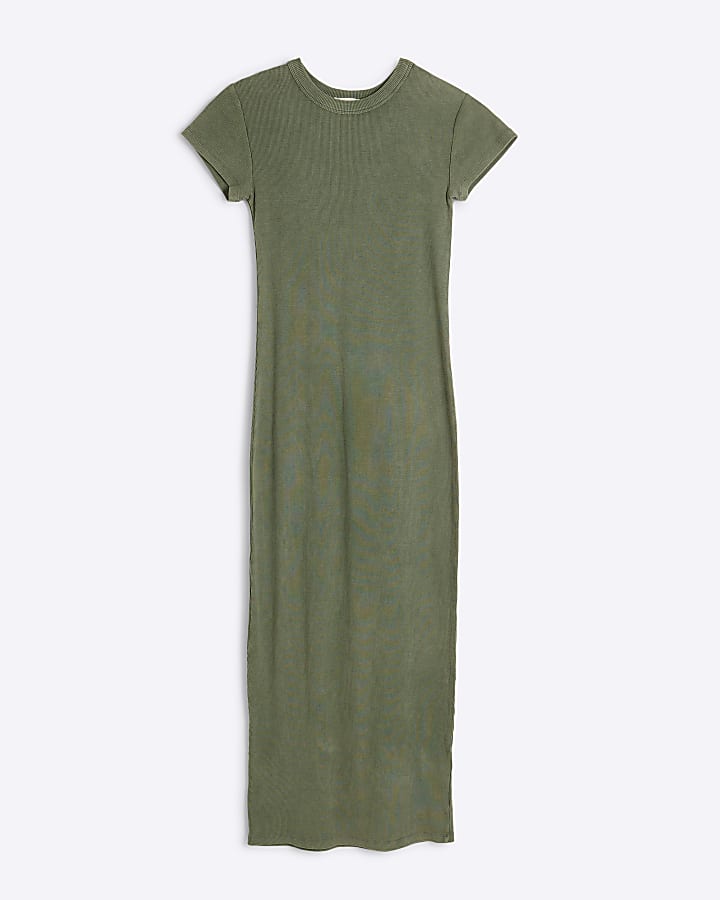 Petite Khaki ribbed bodycon midi dress