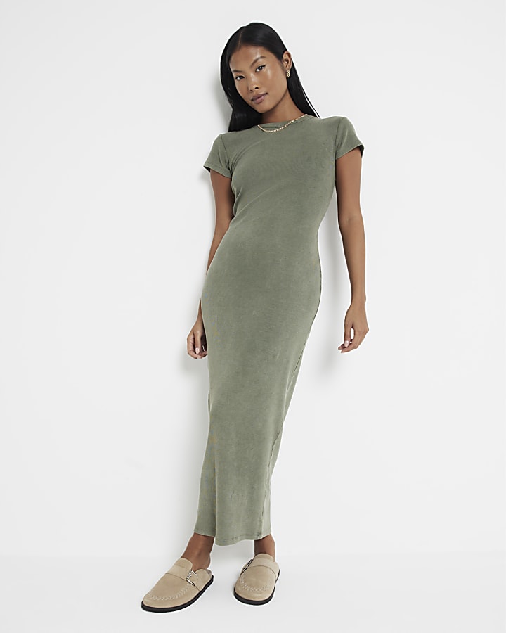 Petite Khaki ribbed bodycon midi dress