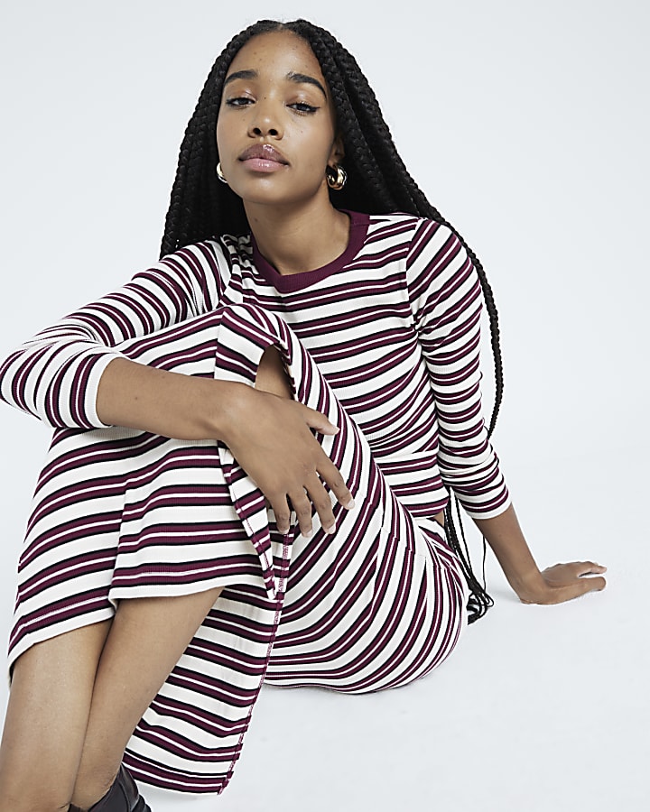 Red Stripe Ribbed Pencil Maxi Skirt