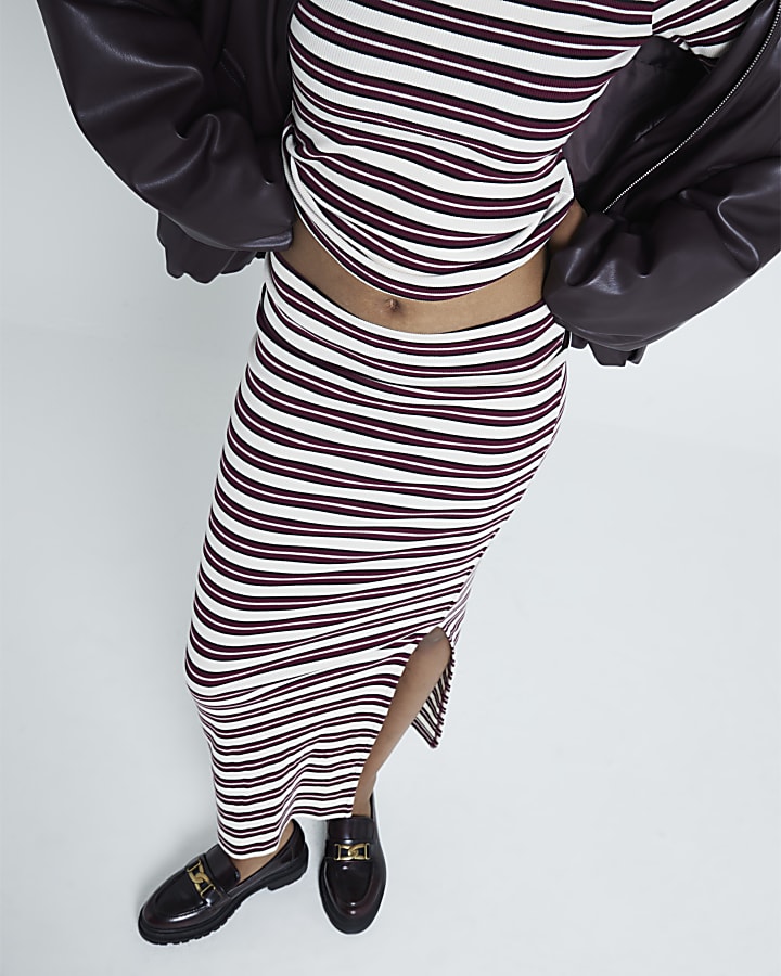 Red Stripe Ribbed Pencil Maxi Skirt
