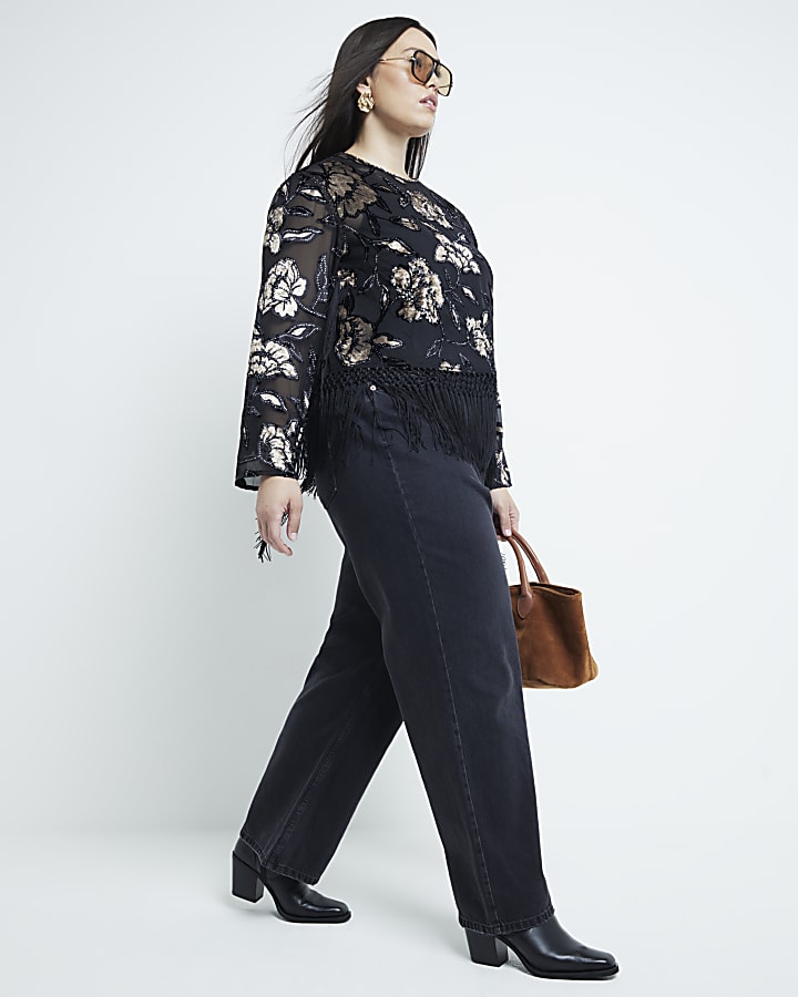 Plus Black Devore Floral Fringe Top