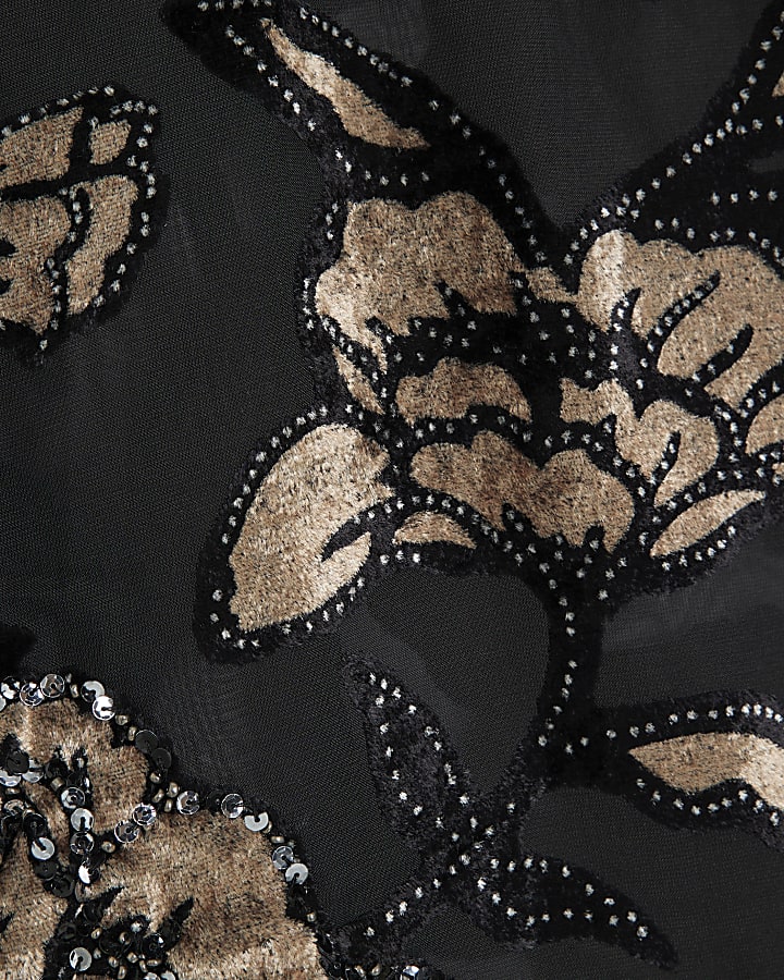 Plus Black Devore Floral Fringe Top