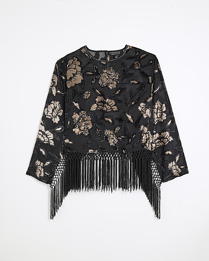 Plus Black Devore Floral Fringe Top