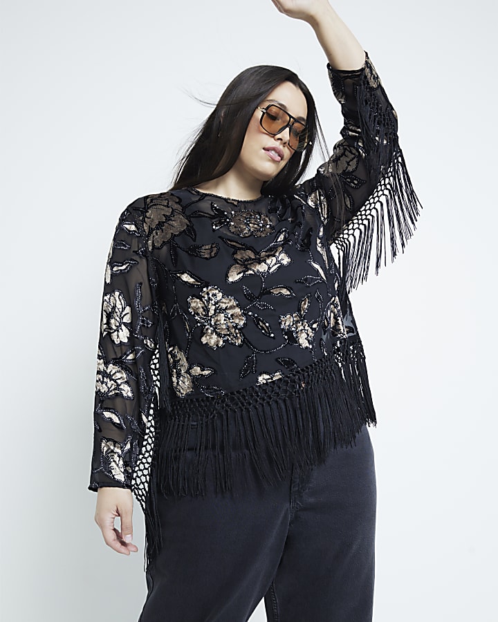 Plus Black Devore Floral Fringe Top