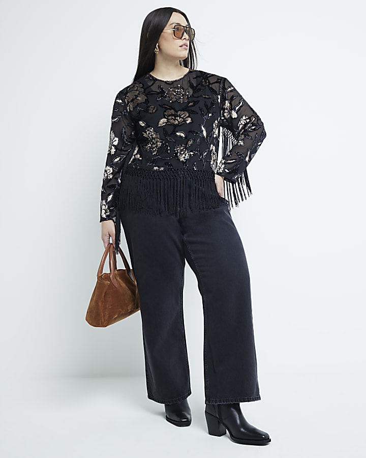 Plus Black Devore Floral Fringe Top