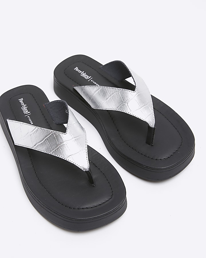 Silver leather flatform sandals