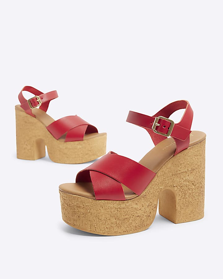 Red cross strap platform sandals