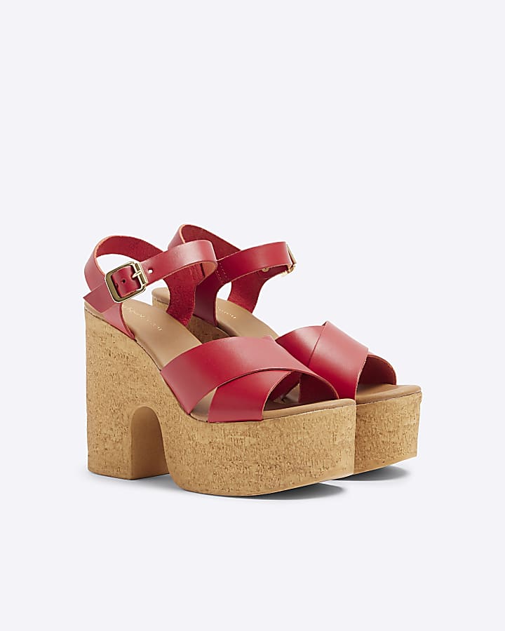 Red cross strap platform sandals