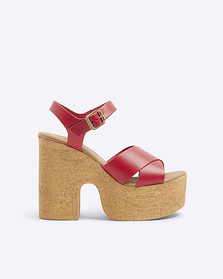 Red cross strap platform sandals