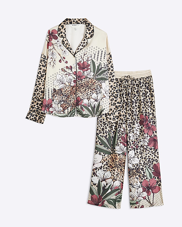 Brown Satin Leopard And Floral Pyjama Set