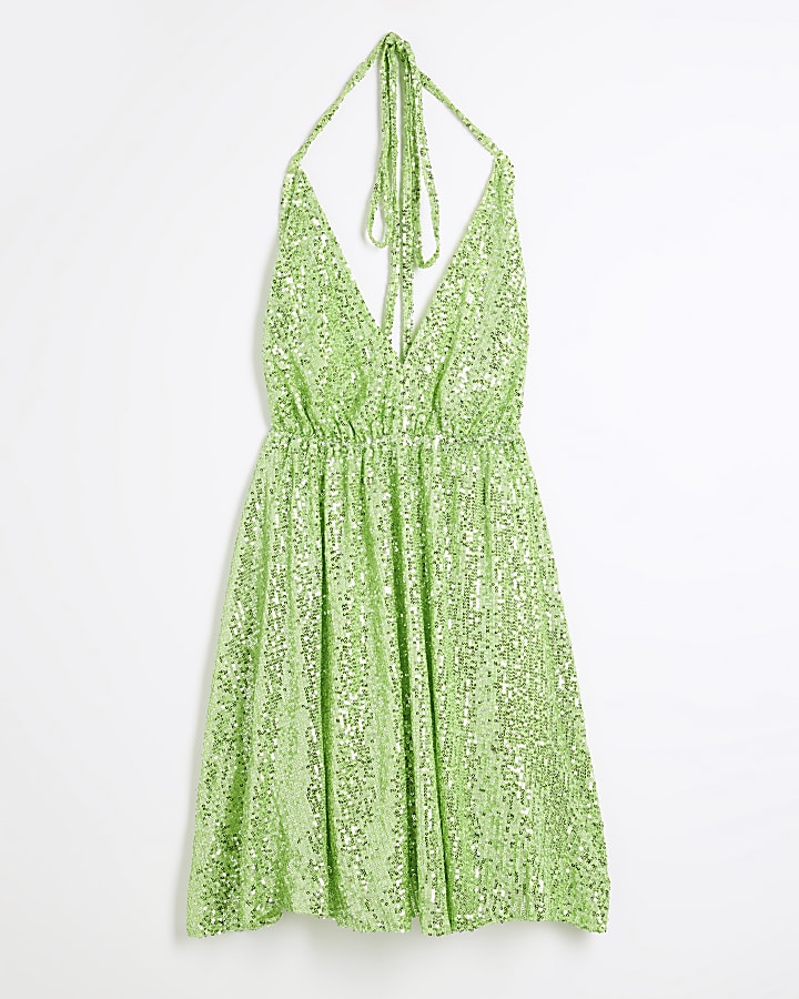 Green Sequin embellished Plunge Mini Dress