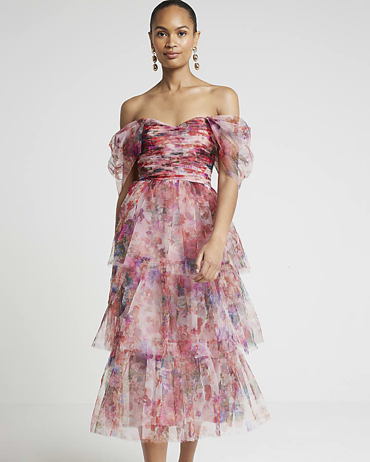 Pink floral tiered swing midi dress River Island