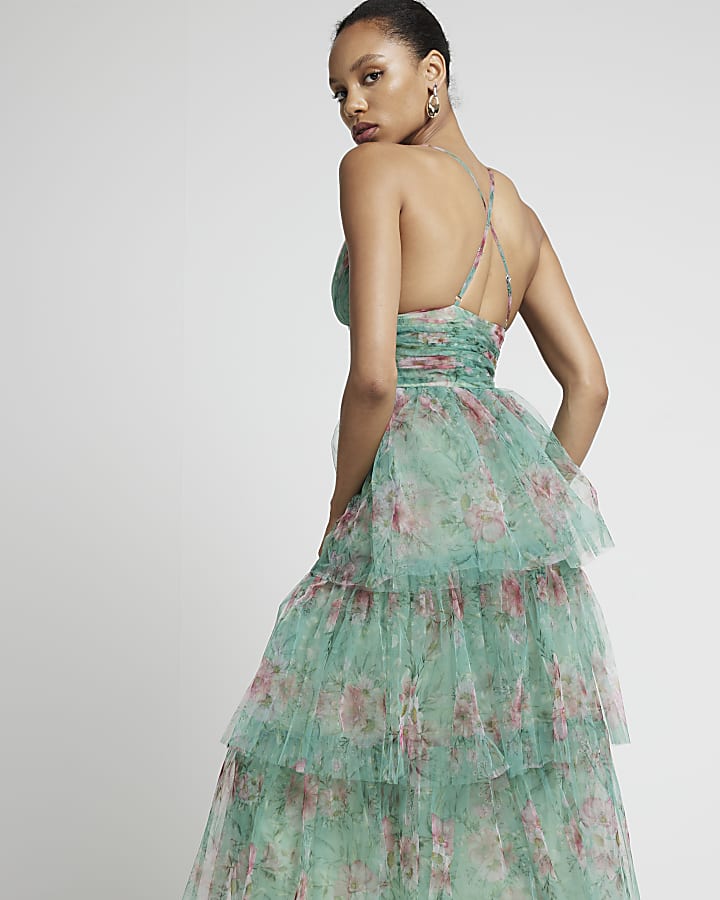 Green mesh floral tiered swing midi dress