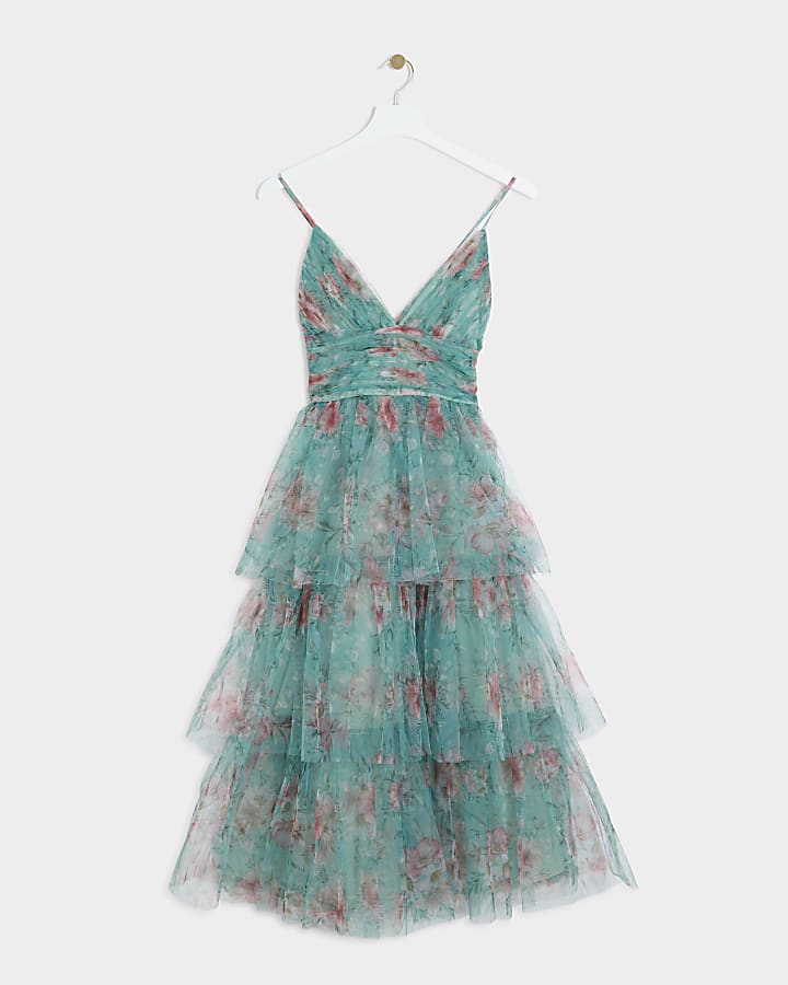 Green mesh floral tiered swing midi dress