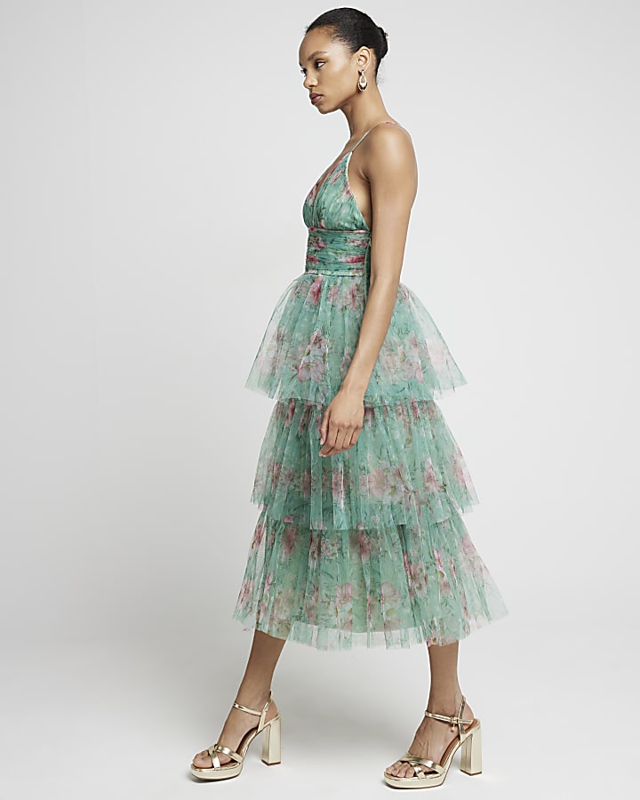 Green mesh floral tiered swing midi dress