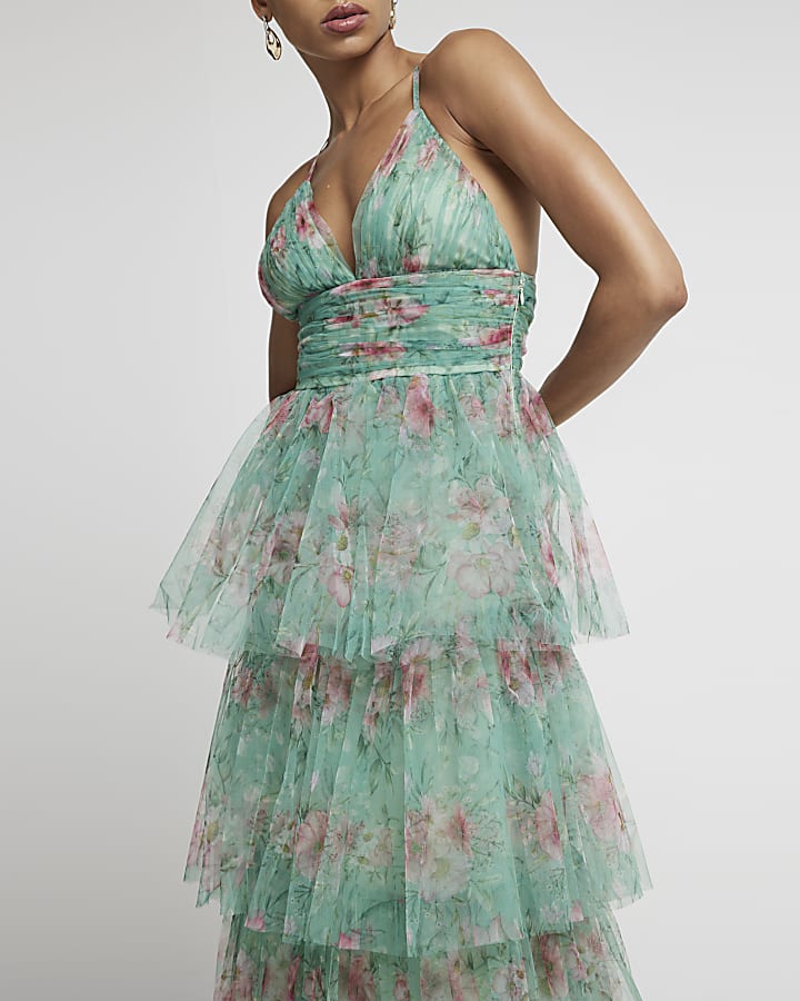 Green mesh floral tiered swing midi dress