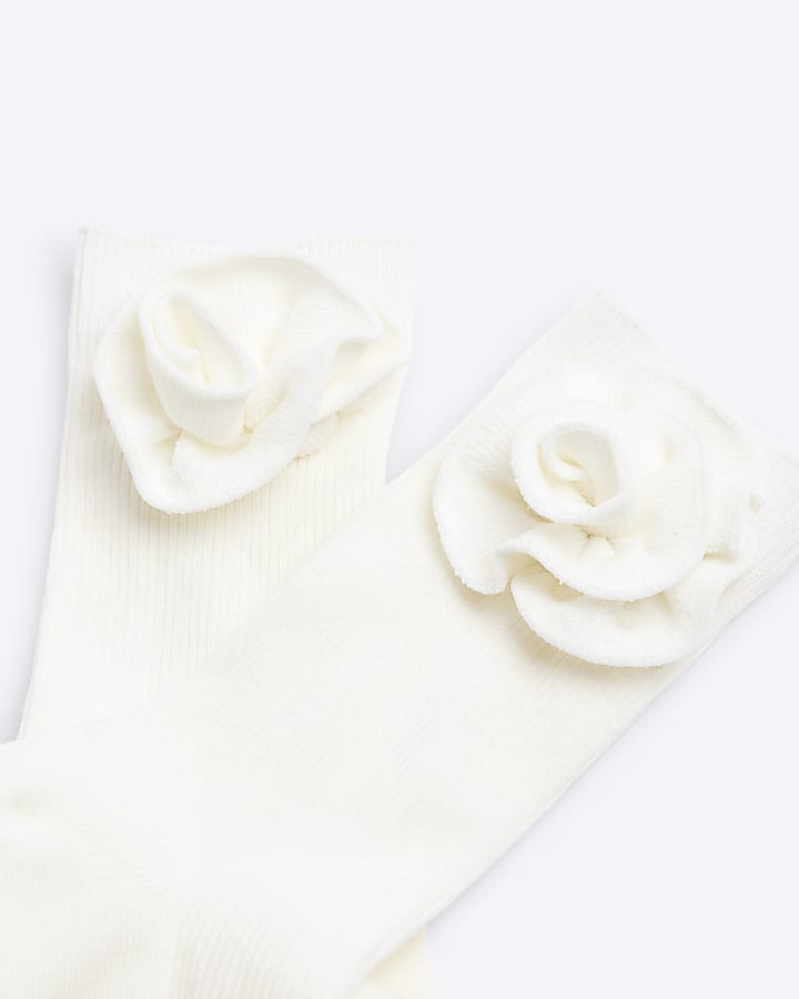 Cream Flower Knit Socks