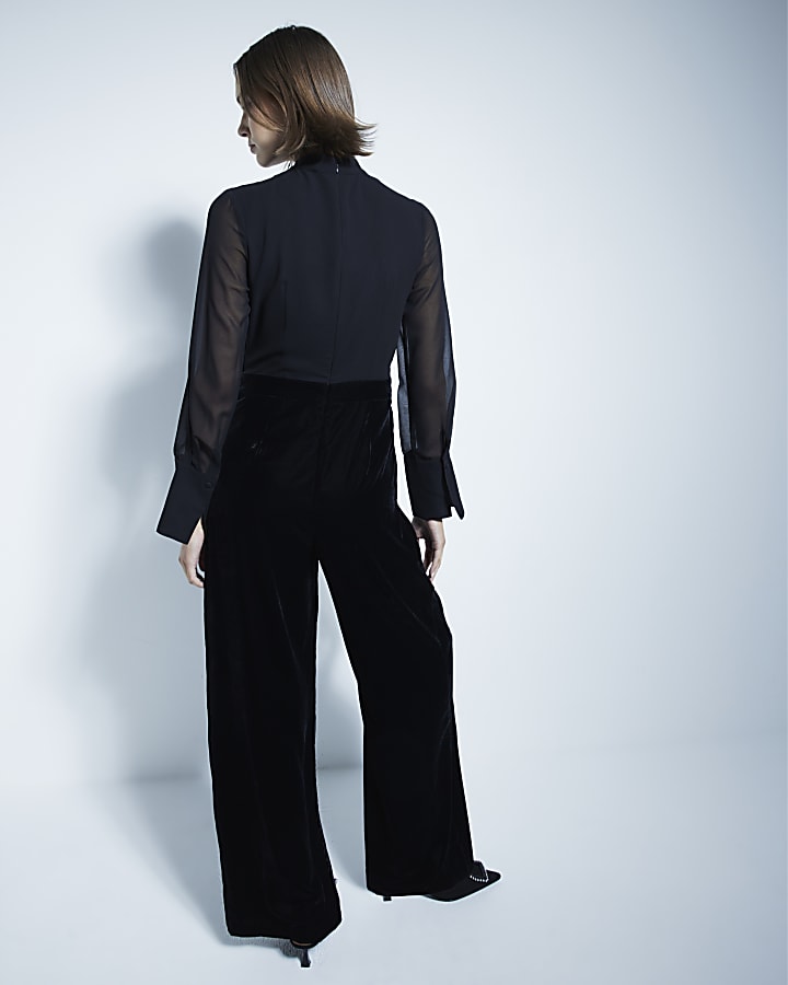 Black Long Sleeved Velvet Chiffon Jumpsuit