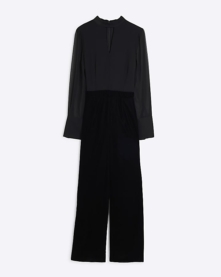 Black Long Sleeved Velvet Chiffon Jumpsuit