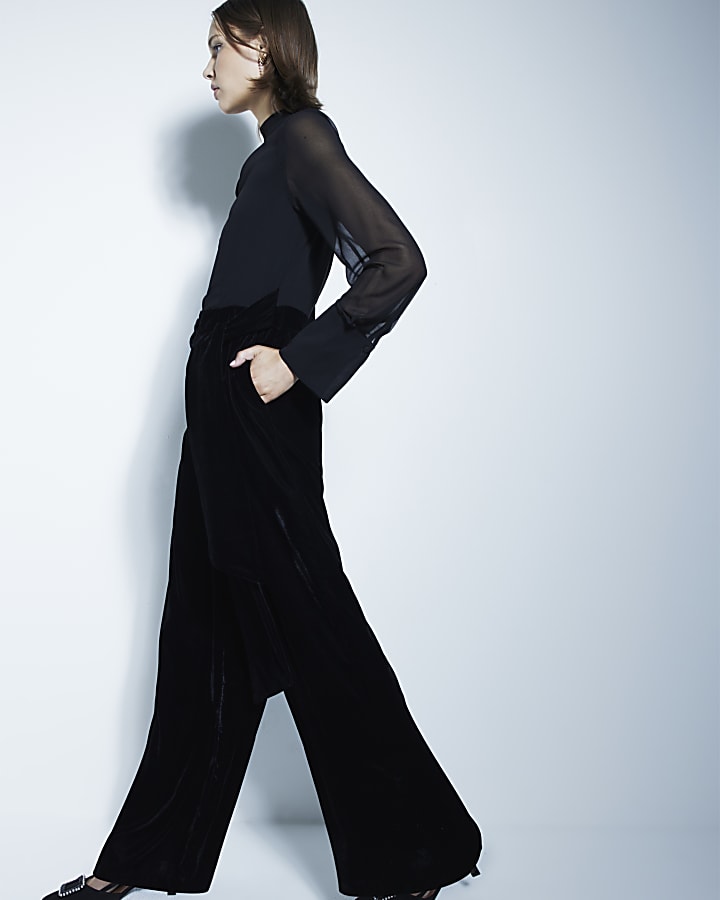 Black Long Sleeved Velvet Chiffon Jumpsuit