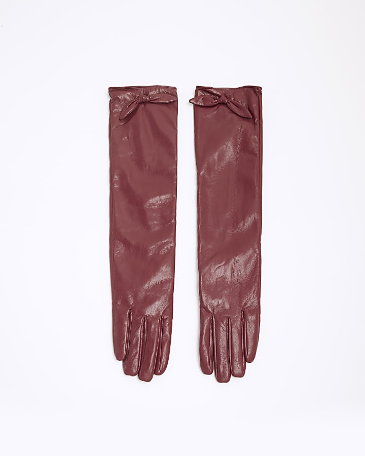 Red Faux Leather Bow Gloves