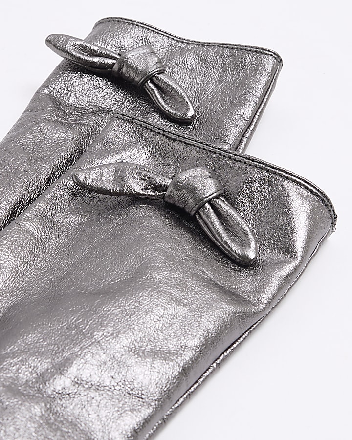 Silver Long Metallic Bow Detail Gloves