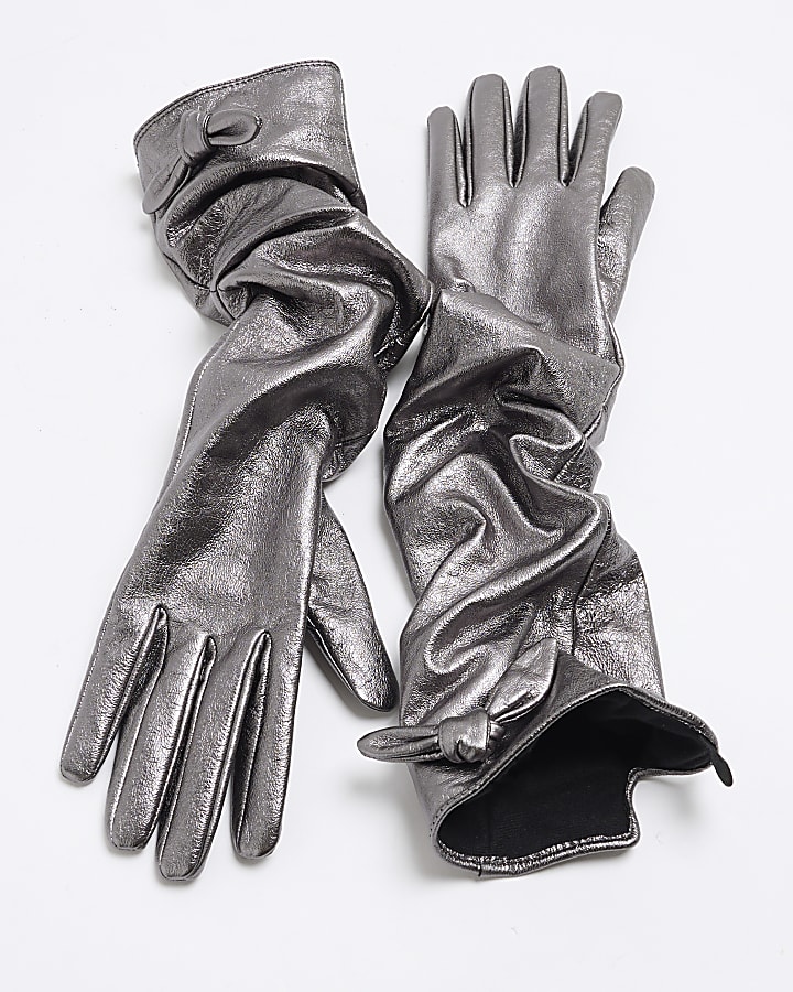 Silver Long Metallic Bow Detail Gloves