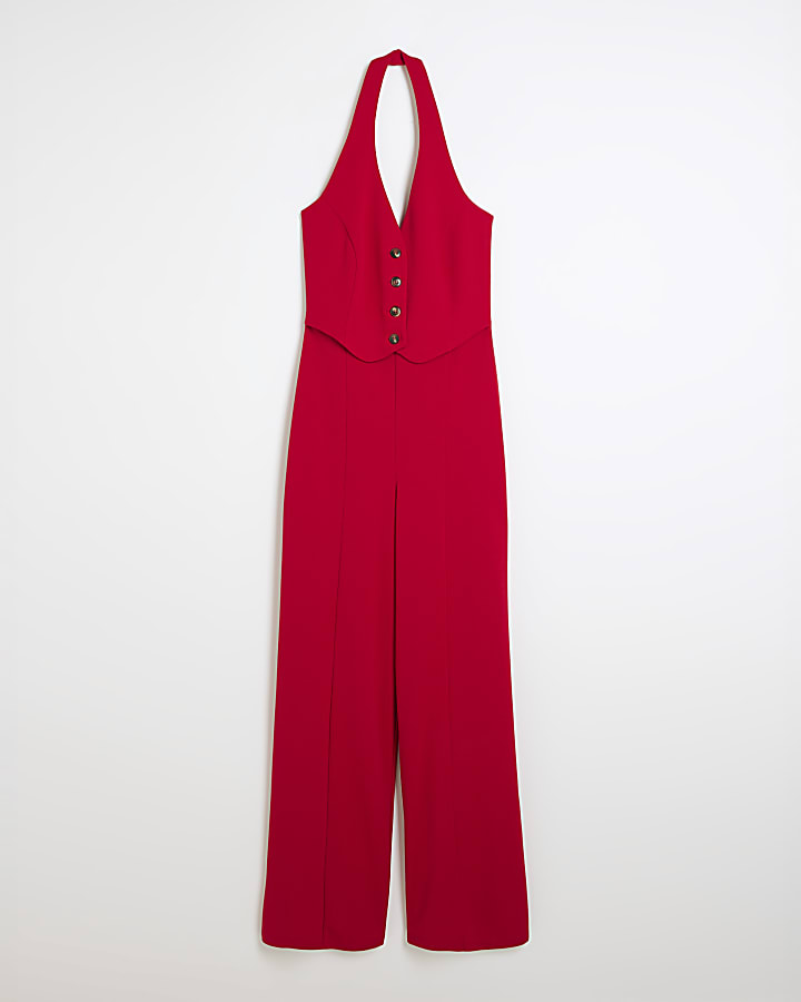 Red halter neck waistcoat jumpsuit