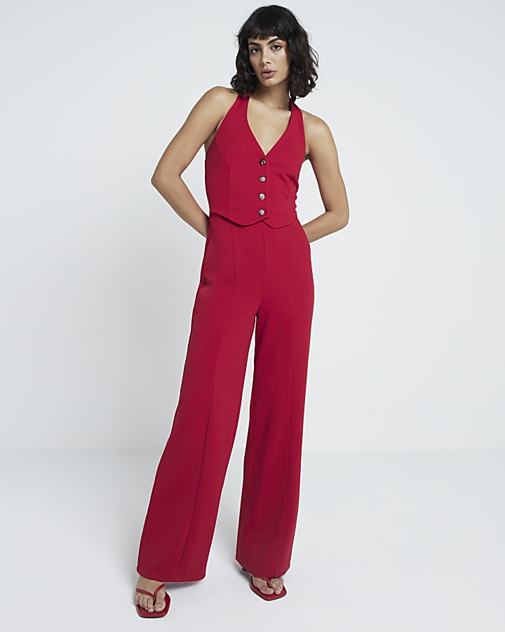 Red halter neck waistcoat jumpsuit