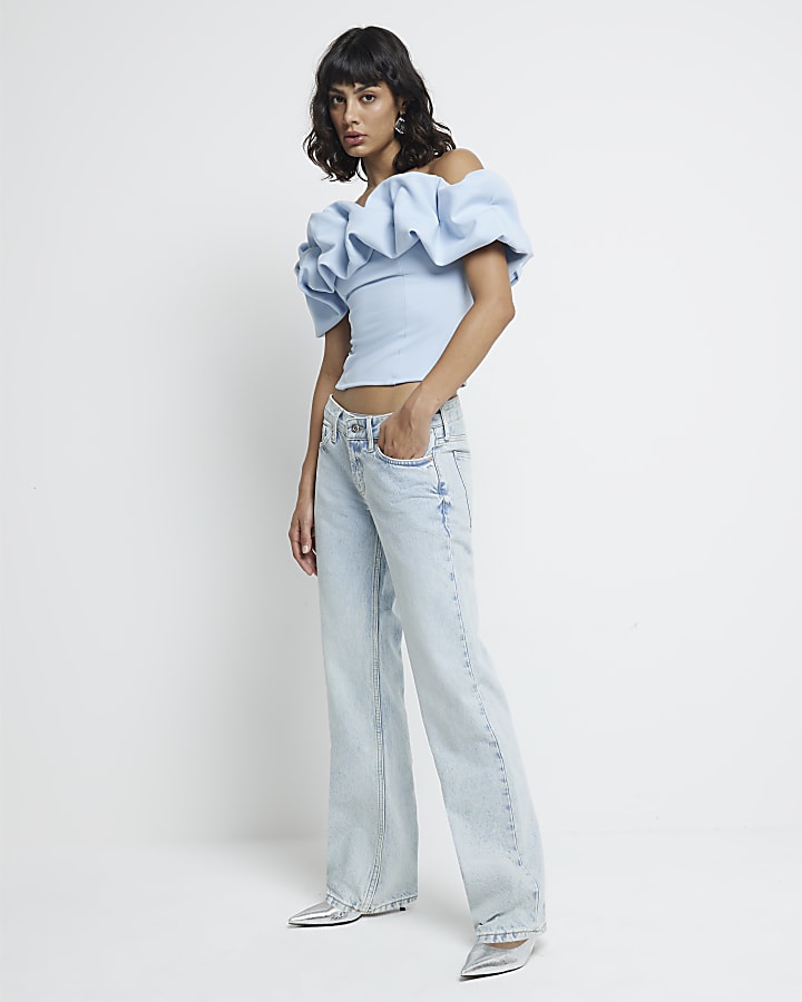 Blue Ruffle Bardot Top