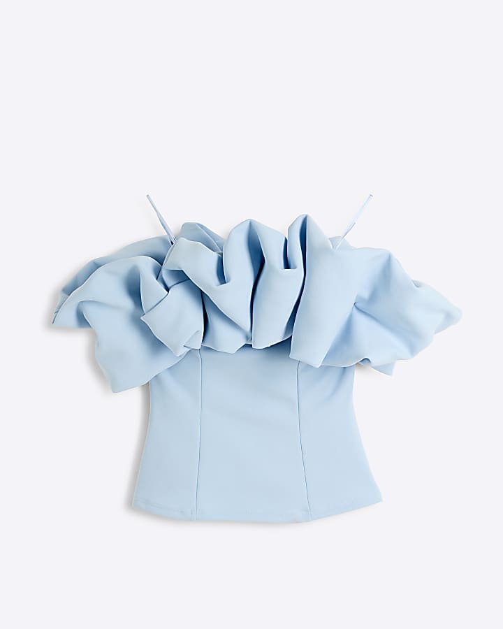 Blue Ruffle Bardot Top