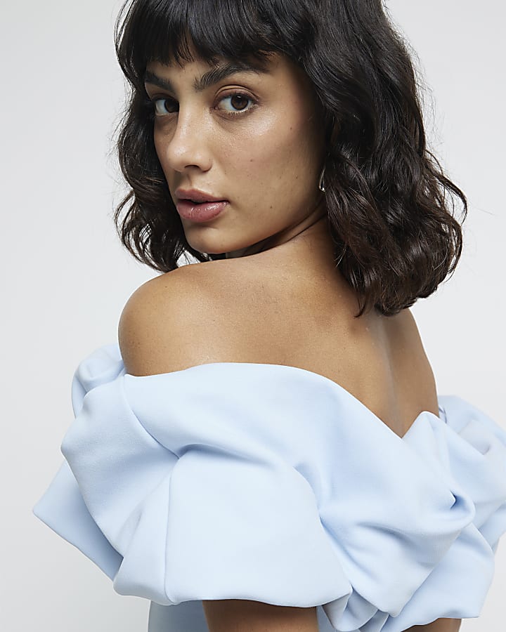 Blue Ruffle Bardot Top