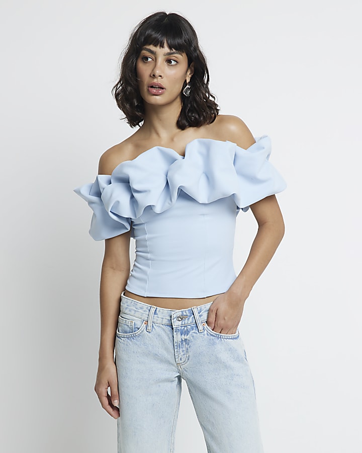 Blue Ruffle Bardot Top River Island