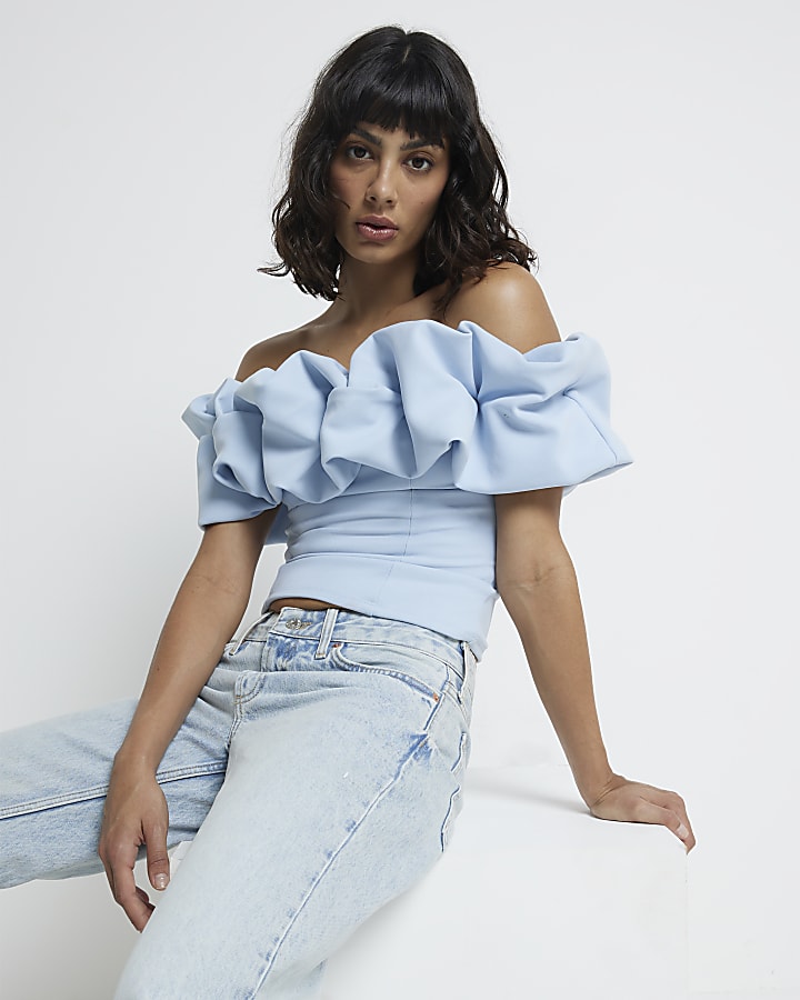 Blue Ruffle Bardot Top