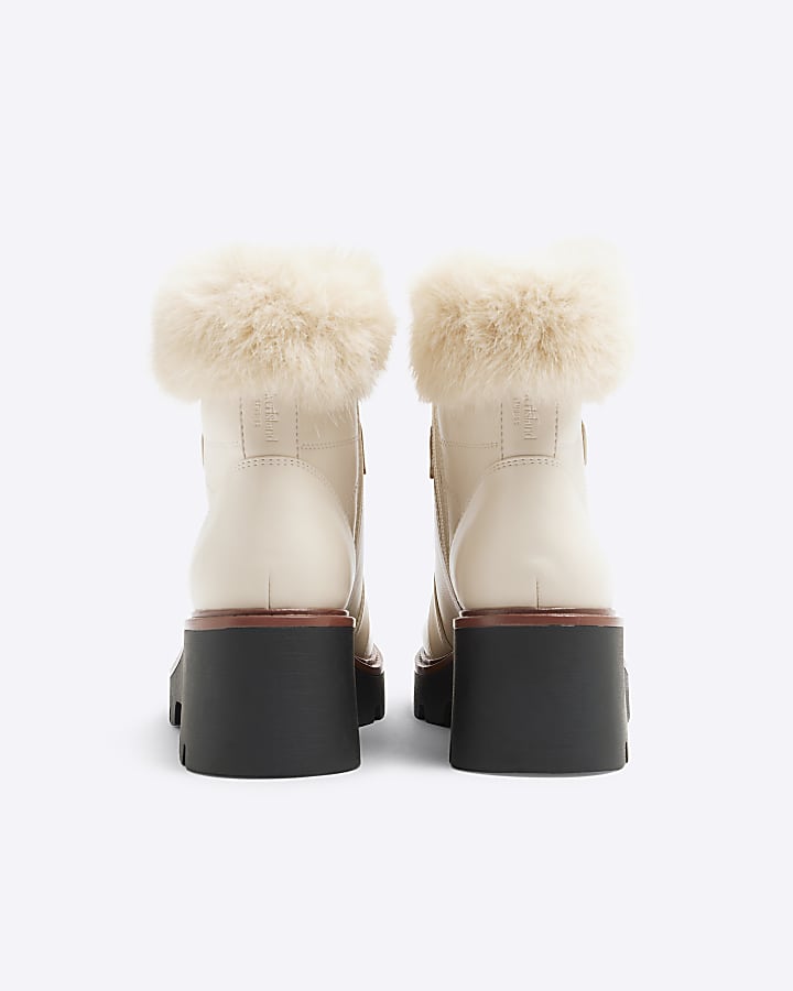Cream Faux Fur Trim Wedged Hiking Boots