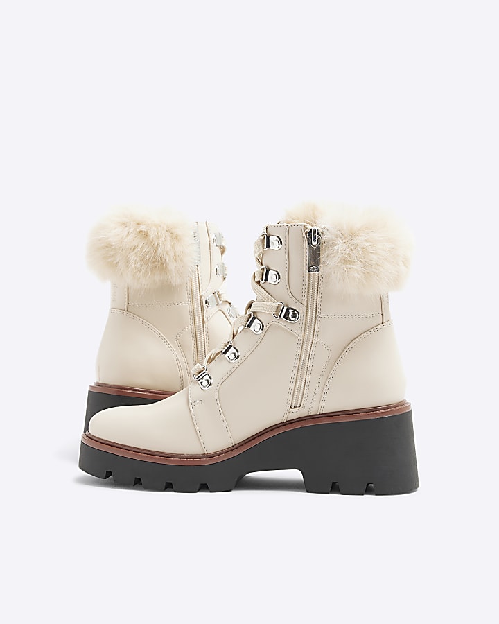 Cream Faux Fur Trim Wedged Hiking Boots